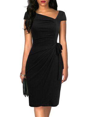 Women's Retro 1950s Cap Sleeve Knee-Length Sheath Black Bodycon Faux Wrap Dress